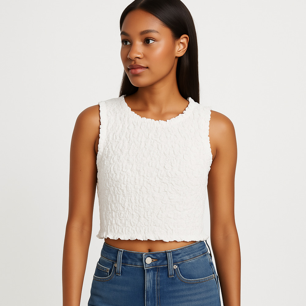 Open Edit Top Womens Extra Small White Sleeveless Textured Cropped Trendy Summer